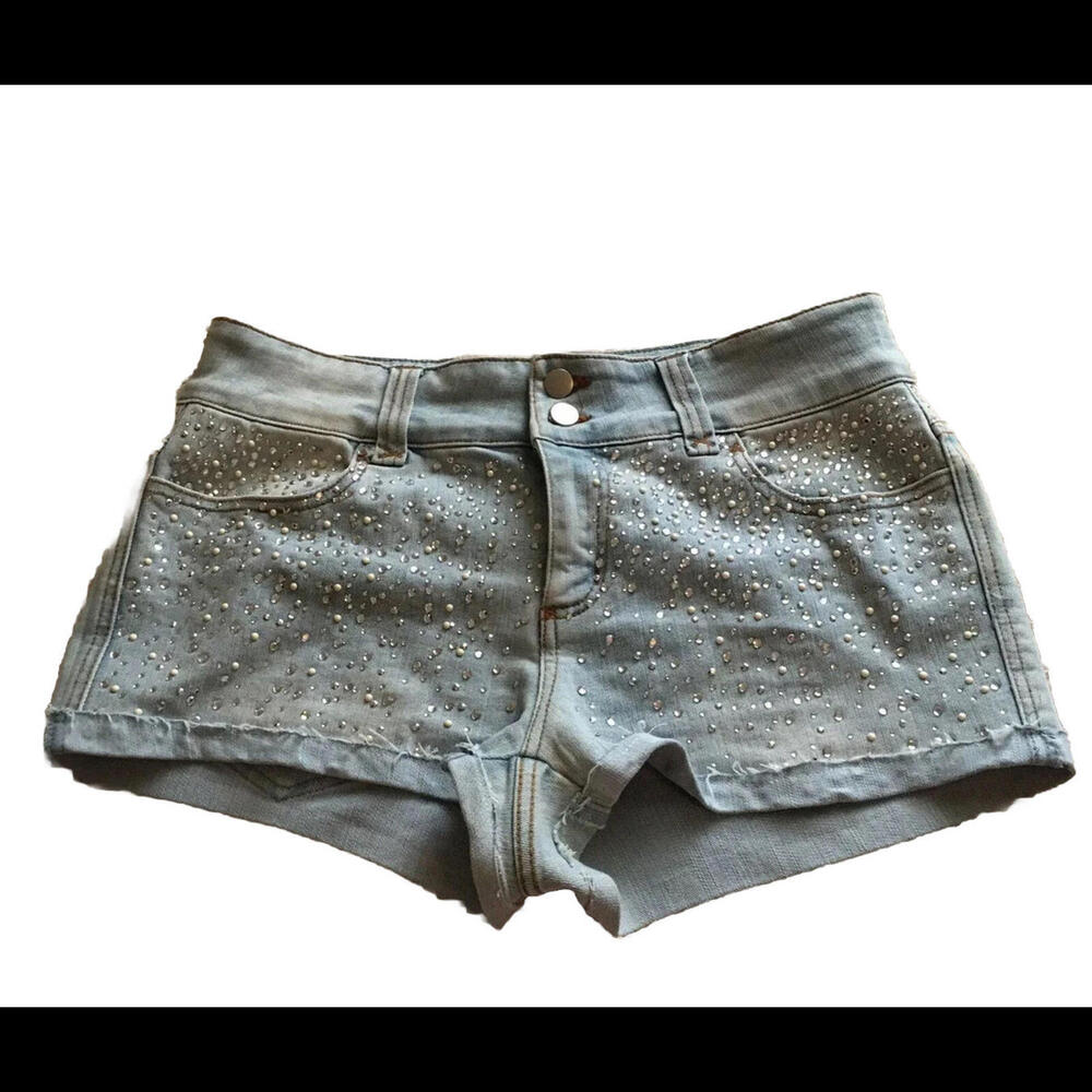 🩲Cache Demin Jean Shorts Size 12 Embellished Rhinestone /  Raw Hem